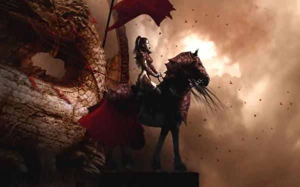 A high-definition fantasy wallpaper depicting a woman on horseback in an epic scene, set against a dramatic sky with a large, stone dragon head in the background.