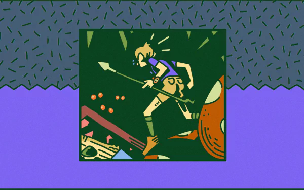 HD desktop wallpaper featuring an abstract grounded theme with stylized figures and geometric shapes in bold colors.