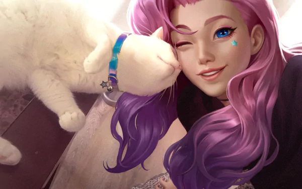 HD desktop wallpaper featuring Seraphine from League of Legends' K/DA, smiling with vibrant purple hair as a white cat nuzzles her affectionately.