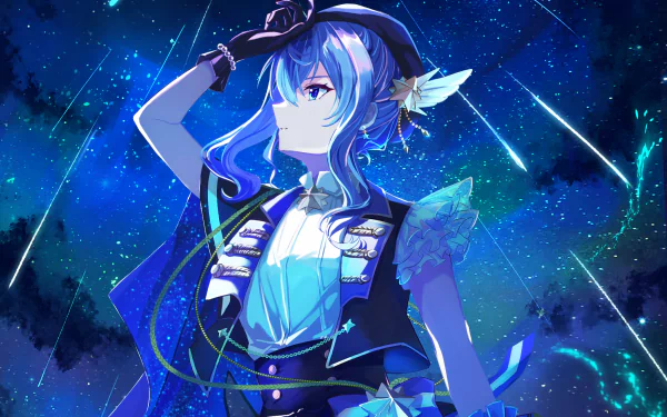 Hoshimachi Suisei from hololive depicted in a vibrant anime-style HD desktop wallpaper with a starry sky and shooting stars background.