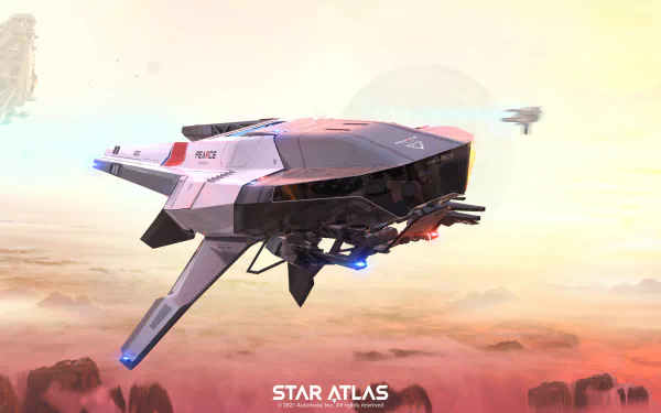 A sleek spaceship from the video game Star Atlas navigates a vibrant cosmic landscape, serving as an HD desktop wallpaper and background.