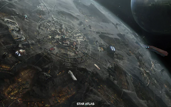 HD desktop wallpaper featuring the concept art of a futuristic Star Atlas space station with ships orbiting a planet.