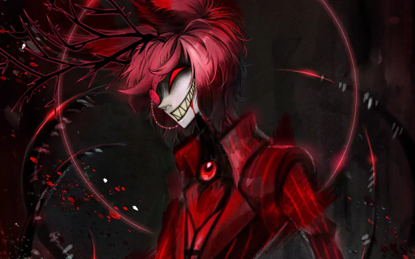 HD desktop wallpaper featuring Alastor from the TV show Hazbin Hotel, showcasing the character's sinister smile and striking red, black, and dark tones.