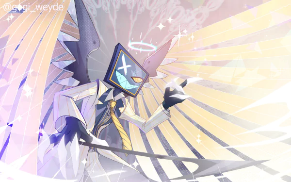 HD PC desktop wallpaper featuring a character from the TV show Hazbin Hotel with angelic wings, a halo, and a TV screen head displaying static.