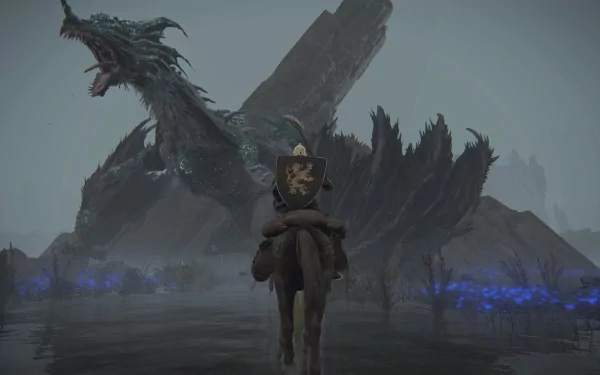Elden Ring 4K Ultra HD PC desktop wallpaper: lone knight on horseback faces a colossal dragon on a foggy shore amid eerie blue glowing flora.