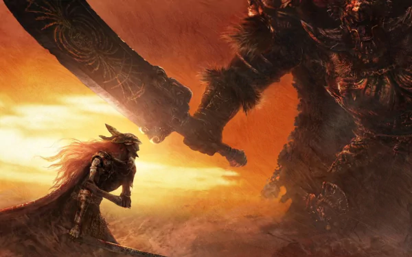 HD PC wallpaper of Elden Ring featuring Starscourge Radahn and Malenia Blade of Miquella in an epic battle scene with a fiery, dramatic sunset backdrop.