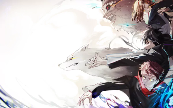 Jujutsu Kaisen 4K Ultra HD wallpaper featuring Nobara Kugisaki, Megumi Fushiguro, Yuji Itadori, and their summoned creatures in dynamic action poses.