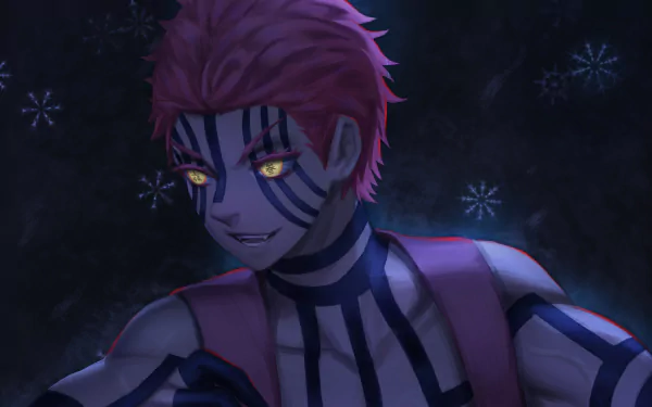 Akaza (Demon Slayer: Kimetsu no Yaiba), pink‑haired demon with blue striped markings and glowing yellow eyes, smirking in a dark, snowflake‑lit 5K Ultra HD PC desktop wallpaper/background.
