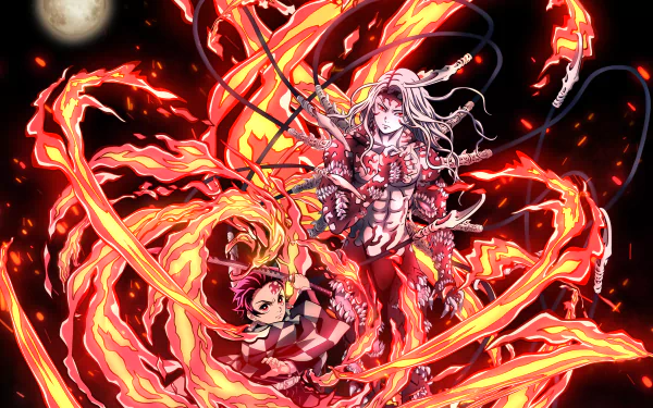 4K Ultra HD Demon Slayer: Kimetsu no Yaiba wallpaper featuring Tanjiro Kamado and Muzan Kibutsuji surrounded by fiery red and orange flames in dynamic anime style.