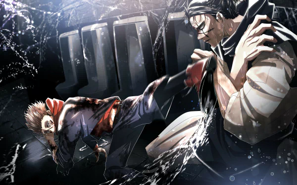 Dynamic 4K Ultra HD anime wallpaper featuring Mahito and Yuji Itadori from Jujutsu Kaisen in an intense battle scene with shattered glass effects.