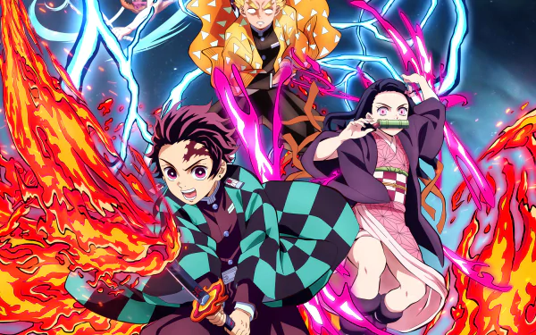 4K Ultra HD wallpaper featuring Hinokami Kagura, Zenitsu Agatsuma, Inosuke Hashibira, Nezuko Kamado, and Tanjiro Kamado from the anime Demon Slayer: Kimetsu no Yaiba in dynamic action poses.