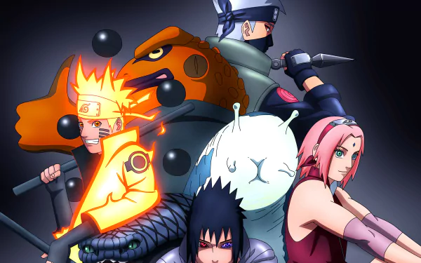 4K Ultra HD anime wallpaper featuring Naruto Uzumaki in Sage Mode, Sasuke Uchiha, Sakura Haruno, Kakashi Hatake, Sage of Six Paths, Gamakichi, and Katsuyu from Naruto.