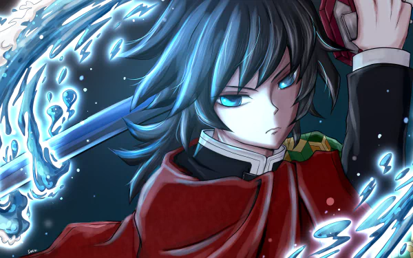 Giyuu Tomioka from Demon Slayer: Kimetsu no Yaiba wielding a sword with water effects, depicted in a vibrant 4K Ultra HD anime-style desktop wallpaper.
