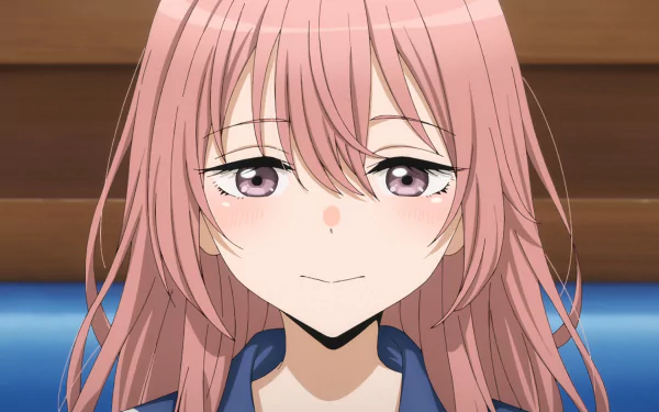 HD PC desktop wallpaper: Shinju Inui from My Dress-Up Darling — close-up anime portrait of a pink-haired girl with a soft smile against wooden panels and a blue seat background.