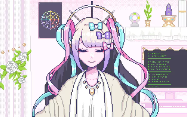 HD PC desktop wallpaper of OMGkawaiiAngel-chan from video game NEEDY GIRL OVERDOSE — pastel-haired, headset-wearing angelic girl with closed eyes in a cozy pastel room beside a computer monitor.