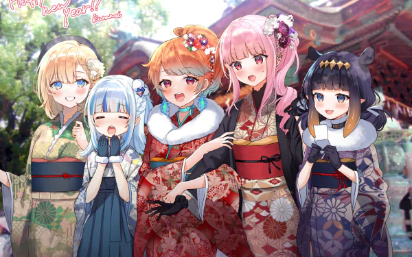 HD PC desktop wallpaper background of hololive anime VTubers Watson Amelia, Takanashi Kiara, Ninomae Ina'nis, Mori Calliope and Gawr Gura in colorful kimonos at a shrine.