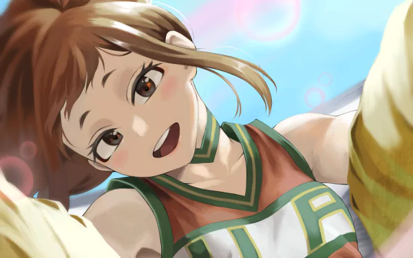 HD anime desktop wallpaper featuring Ochako Uraraka from My Hero Academia with a bright, cheerful expression and dynamic background highlights.