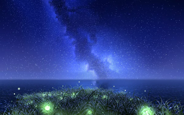 Anime night HD PC desktop wallpaper/background: starry Milky Way above a calm ocean horizon, foreground grass dotted with glowing orbs.