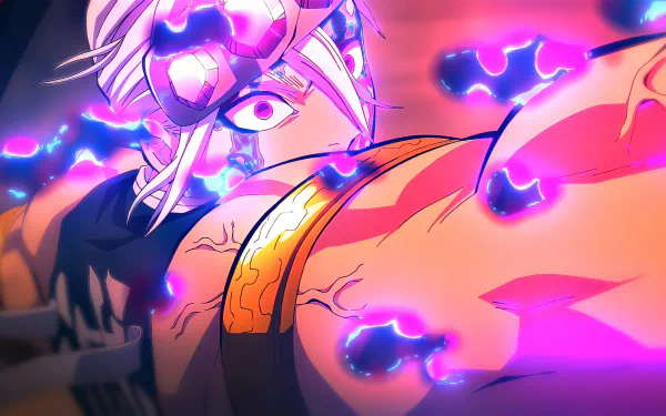 HD PC desktop wallpaper featuring Tengen Uzui from the anime Demon Slayer: Kimetsu no Yaiba, showcasing vibrant colors and dynamic energy effects.