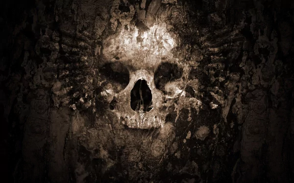 A dark, atmospheric image featuring a skull set against a textured background, designed as a 4K Ultra HD PC desktop wallpaper.