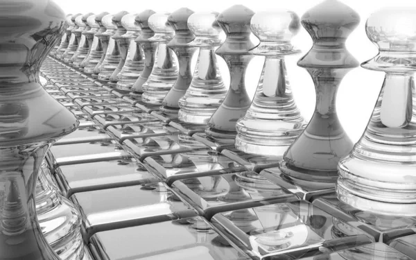 A high-definition black and white CGI image featuring an abstract row of glass chess pawns on a glass chessboard.
