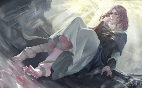4K Ultra HD Elden Ring wallpaper featuring Melina reclining with soft light illuminating her, capturing the game's atmospheric and detailed video game art style.