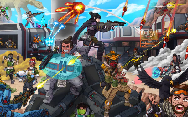 Apex Legends video game action scene: diverse squad fights on a futuristic map with explosions, abilities and weapons — 2K Quad HD PC desktop wallpaper and background.