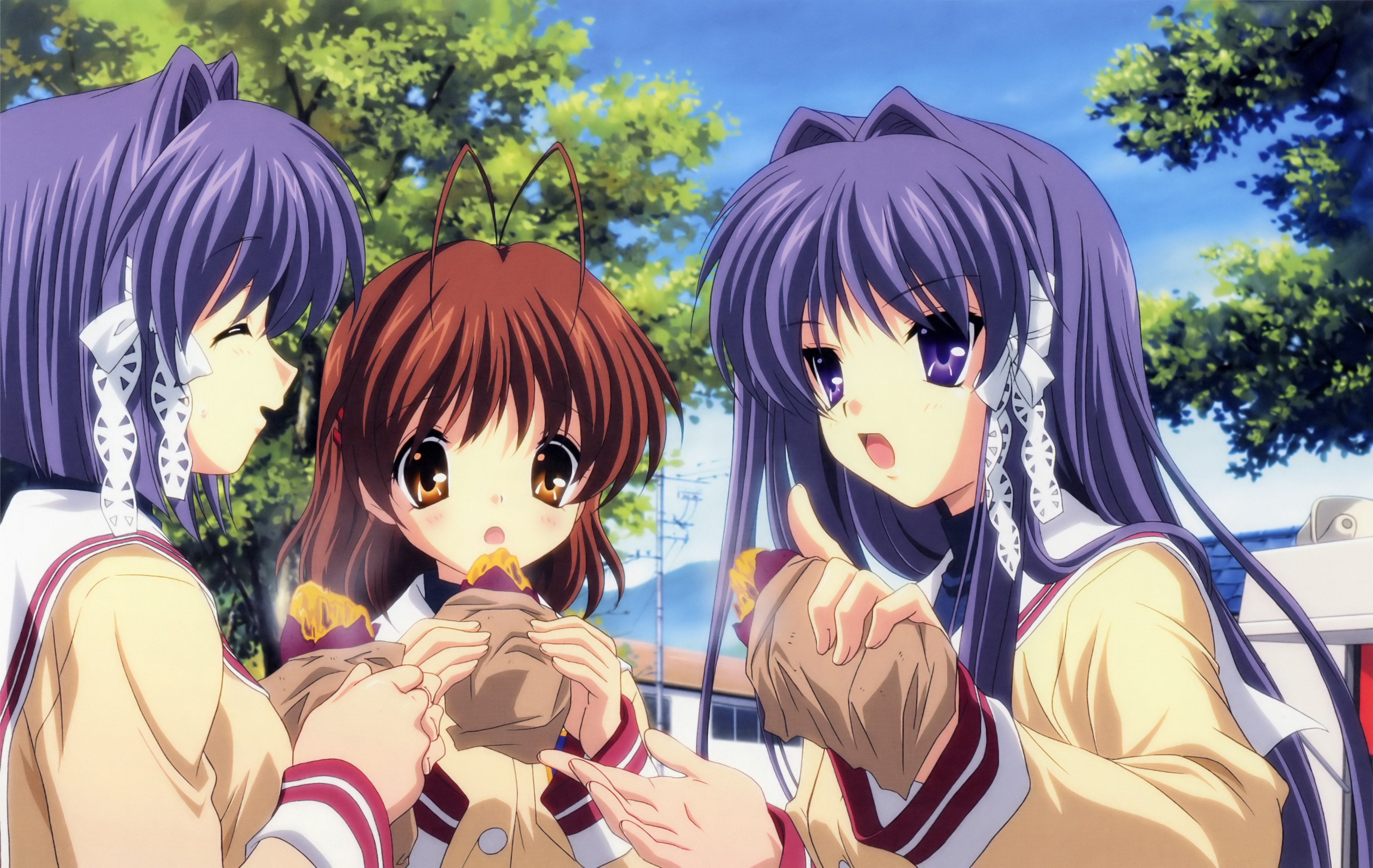 Four characters from the anime Clannad: Nagisa, Kyou, and Ryou, standing together.