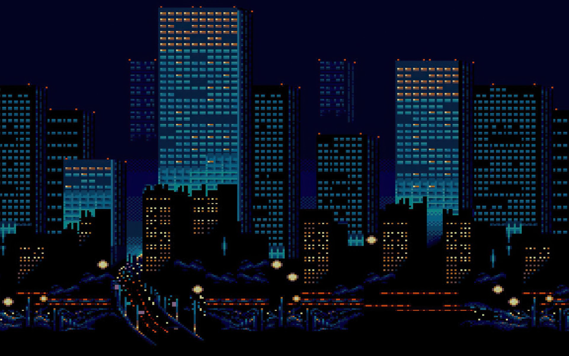 HD pixel art of a nighttime cityscape with illuminated buildings, designed as a vibrant and artistic PC desktop wallpaper.