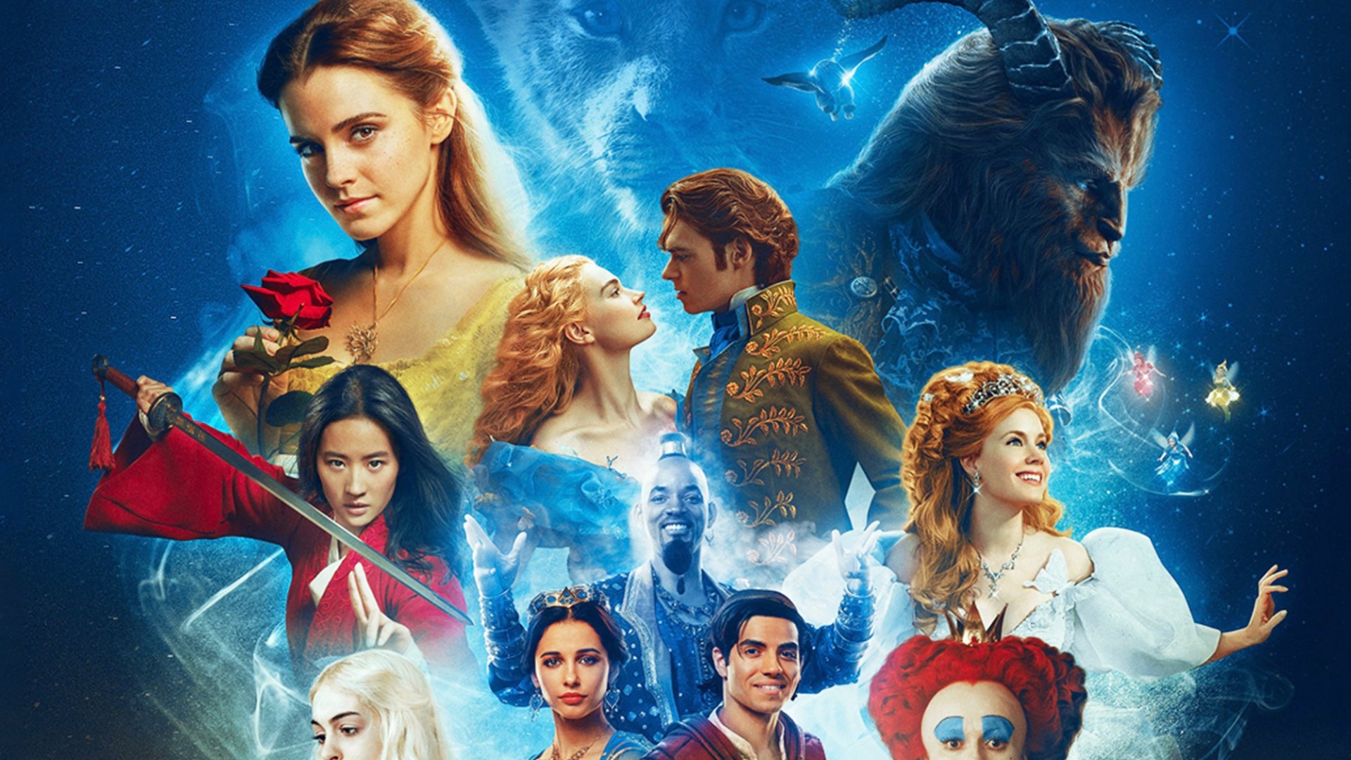 HD PC desktop wallpaper featuring a vibrant collage of Disney movie characters against a magical blue background.