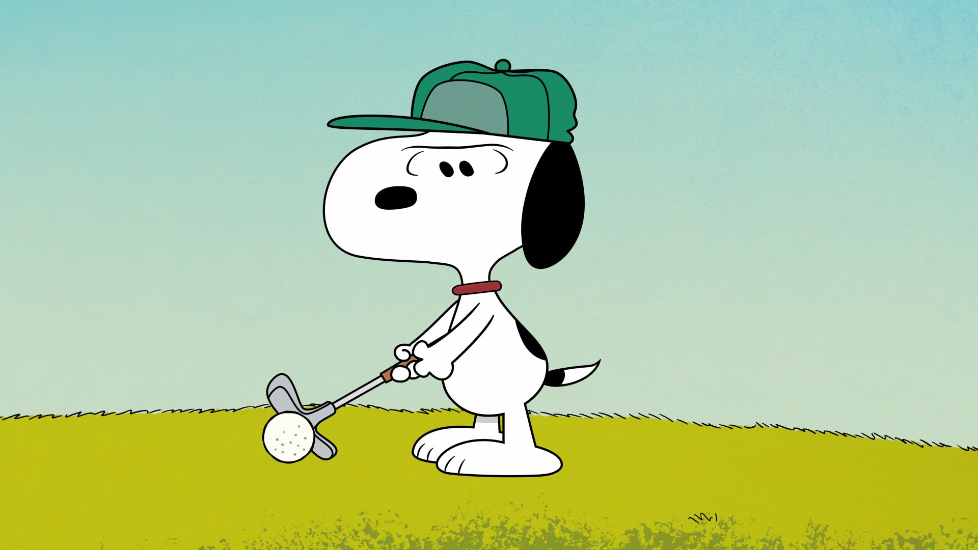 Snoopy from the TV show The Snoopy Show swings a golf club on a grassy hill, 4K Ultra HD PC desktop wallpaper/background.