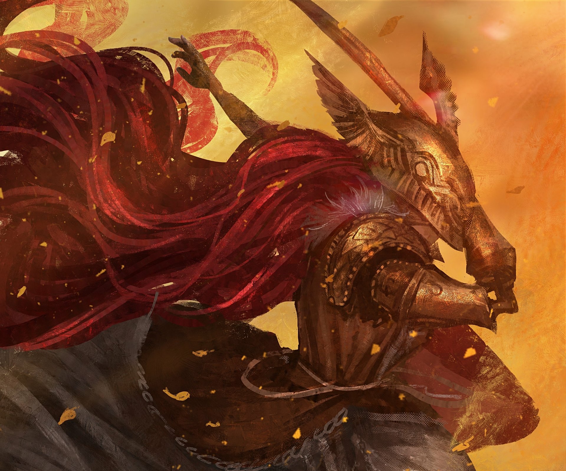 HD PC desktop wallpaper featuring Malenia, Blade of Miquella, from the video game Elden Ring, depicted in dynamic action with flowing red hair and intricate armor.