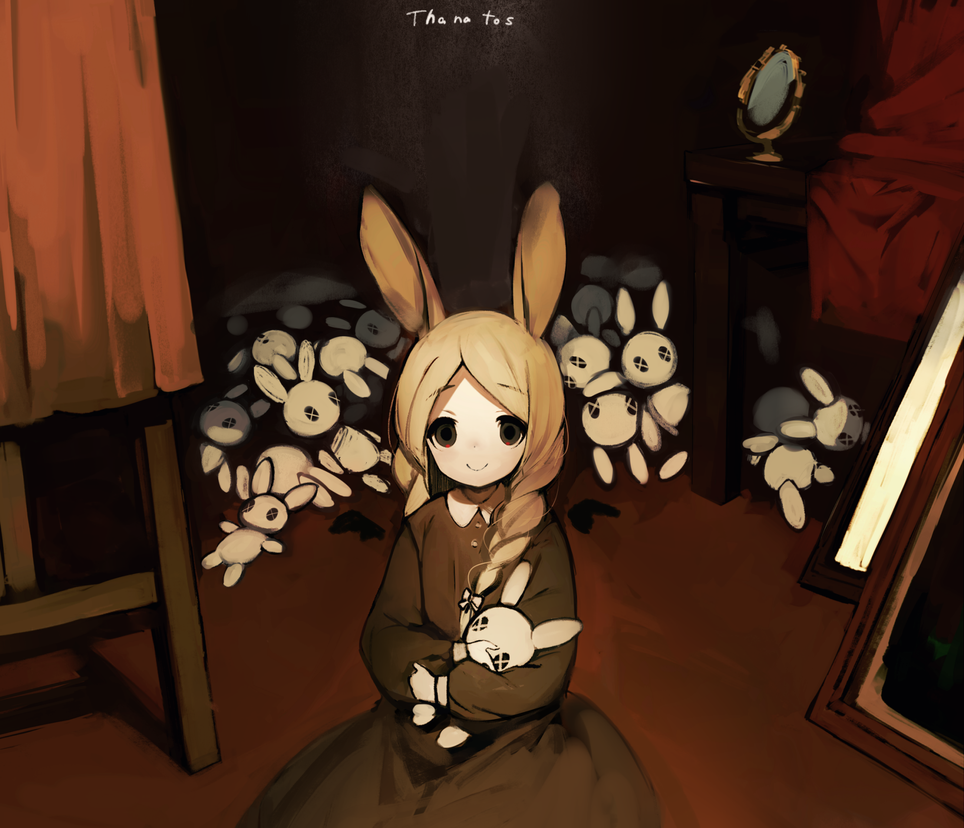 HD PC desktop wallpaper: anime girl with bunny ears cradling a stuffed rabbit, surrounded by plush bunnies in a warm, dimly lit room.