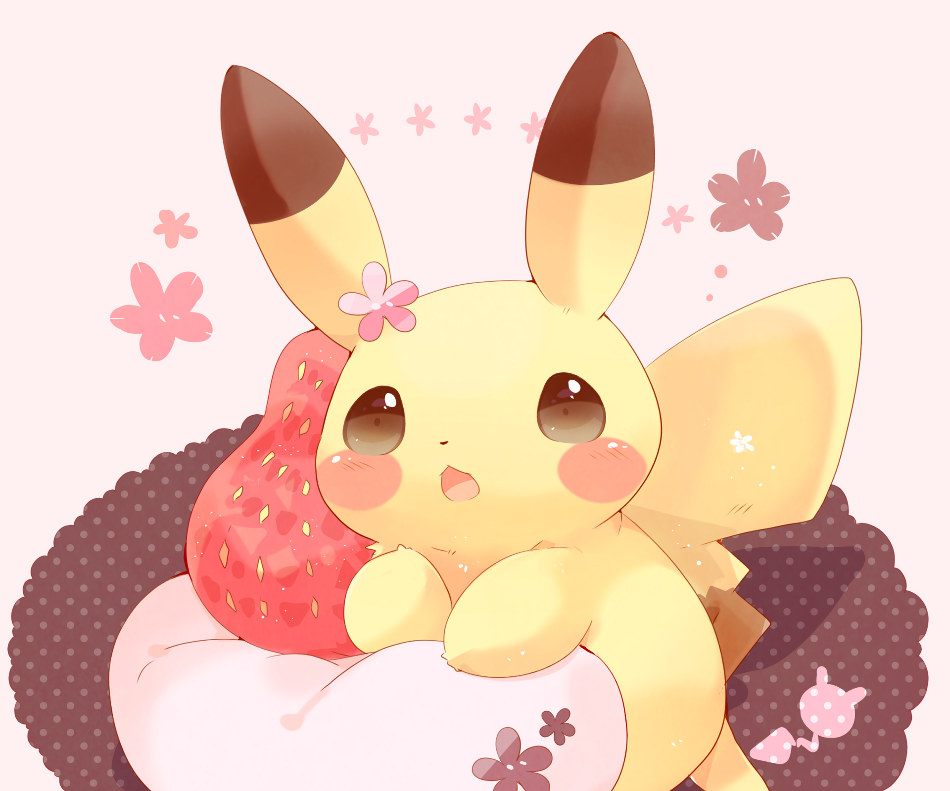 HD anime-style desktop wallpaper featuring Pikachu with rosy cheeks surrounded by pink flowers and a large strawberry, capturing a cute and vibrant Pokémon scene.