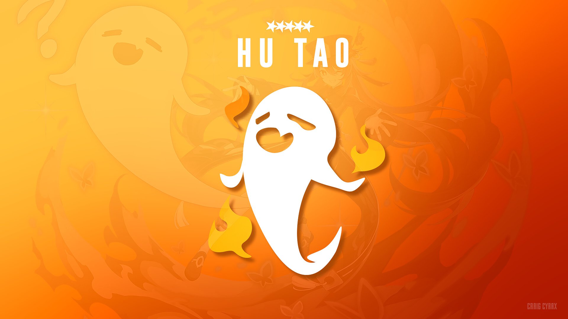 8K Ultra HD PC desktop wallpaper of Hu Tao from the video game Genshin Impact: stylized white ghost emblem with small orange flames on a warm orange background.