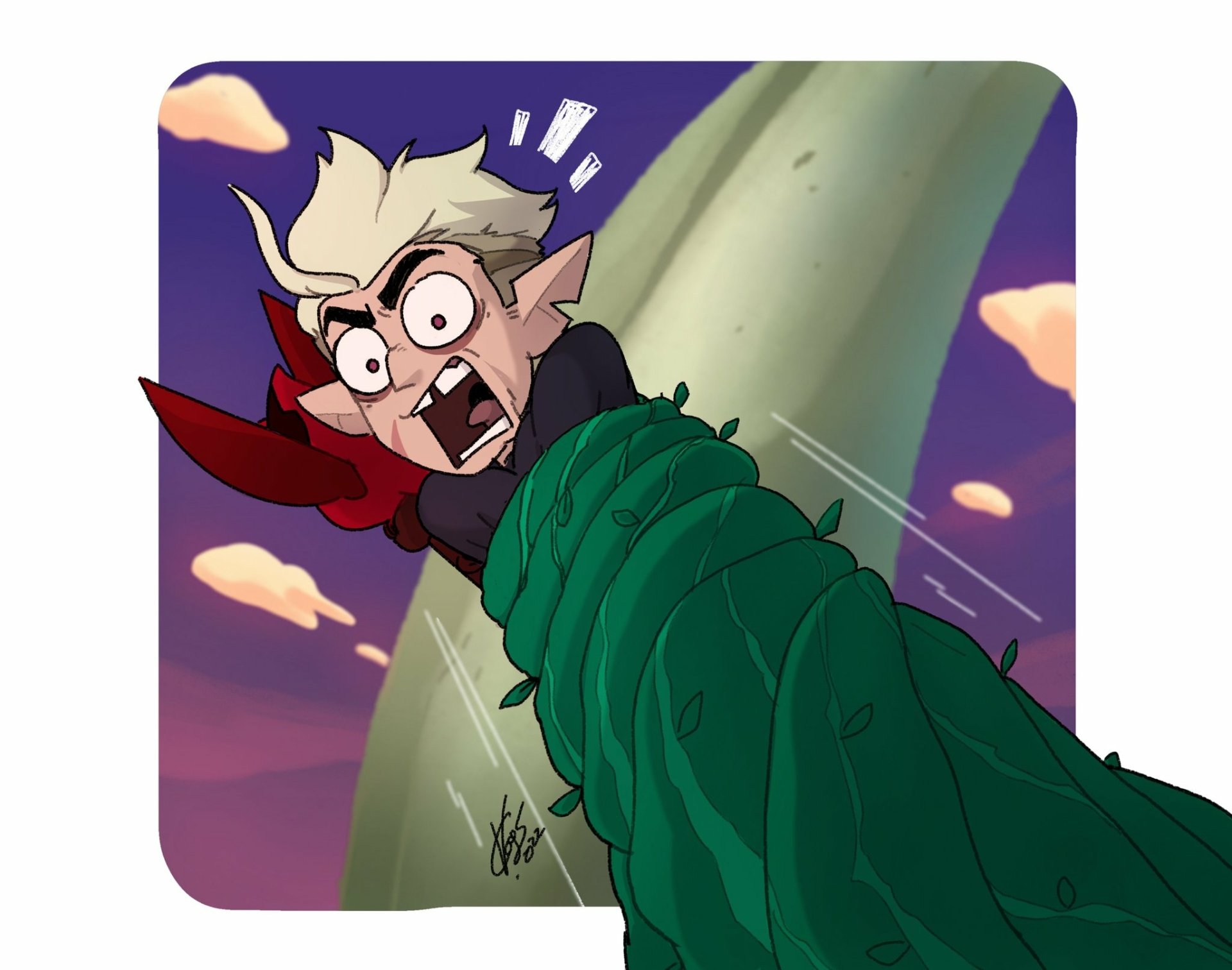 HD PC desktop wallpaper of Hunter from the TV show The Owl House, showing him wrapped in green vines with a shocked expression against a colorful sky background.