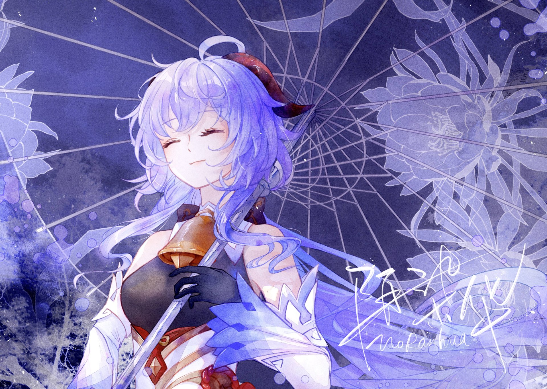 Ganyu (Genshin Impact) in a serene violet scene, eyes closed under a parasol; 2K Quad HD PC desktop wallpaper/background inspired by the video game Genshin Impact.