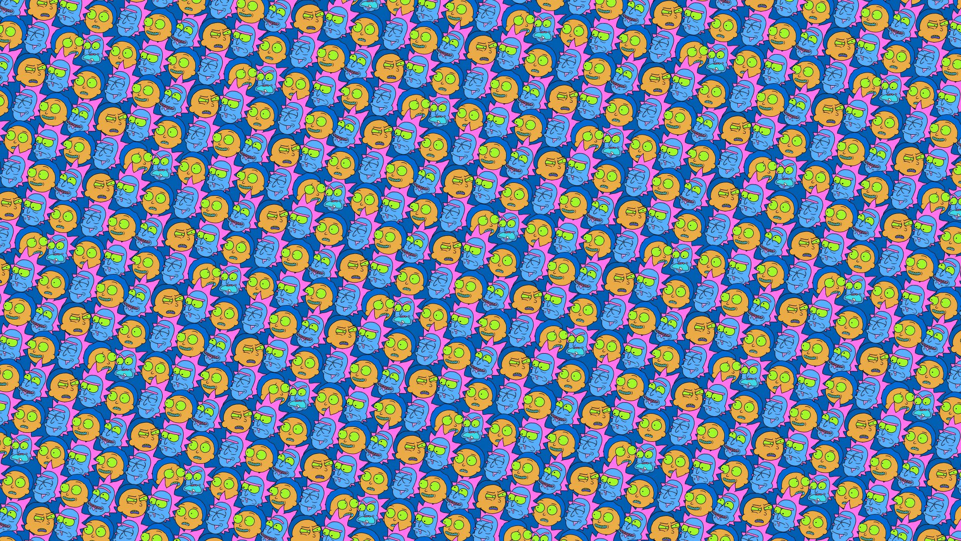 4K Ultra HD desktop wallpaper featuring a colorful, repeating pattern of characters from the TV show Rick and Morty.