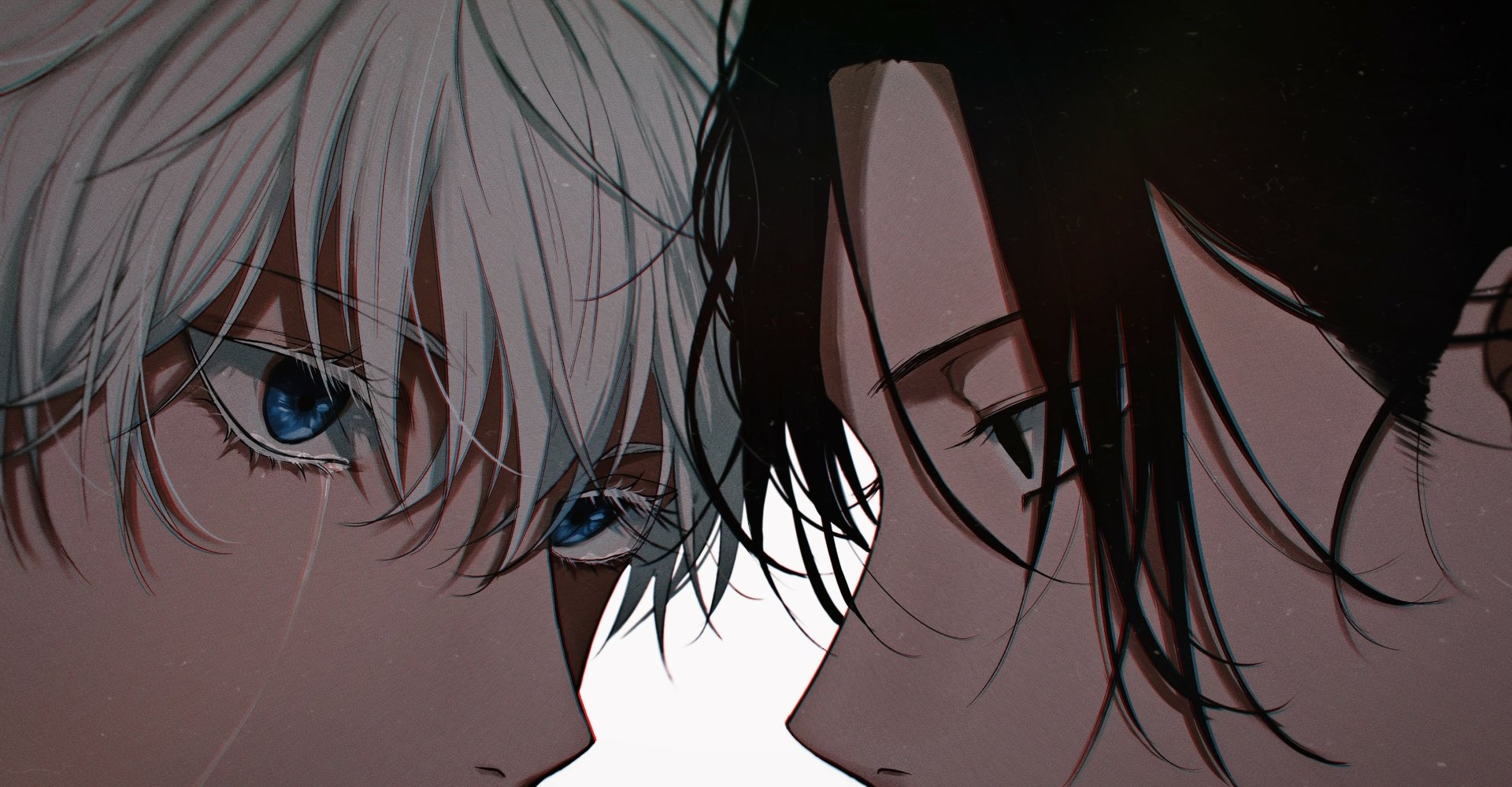 Close-up anime portrait of Satoru Gojo (white hair, blue eyes) and Suguru Geto (dark hair) facing off with intense gazes — Jujutsu Kaisen 2K Quad HD PC desktop wallpaper.