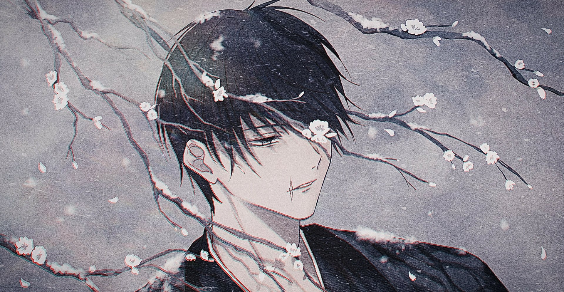 Toji Fushiguro from Jujutsu Kaisen stands amidst blossoming branches in this HD anime desktop wallpaper and background.