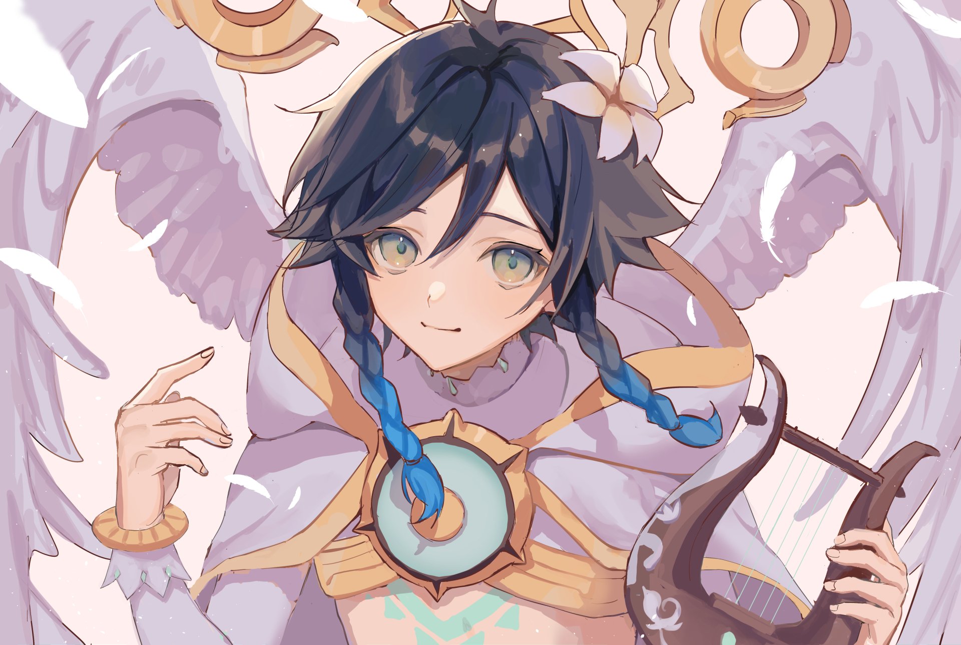 Venti from Genshin Impact in detailed 4K Ultra HD artwork, showcasing his signature outfit and lyre, set against a soft, ethereal background for PC desktop wallpaper.