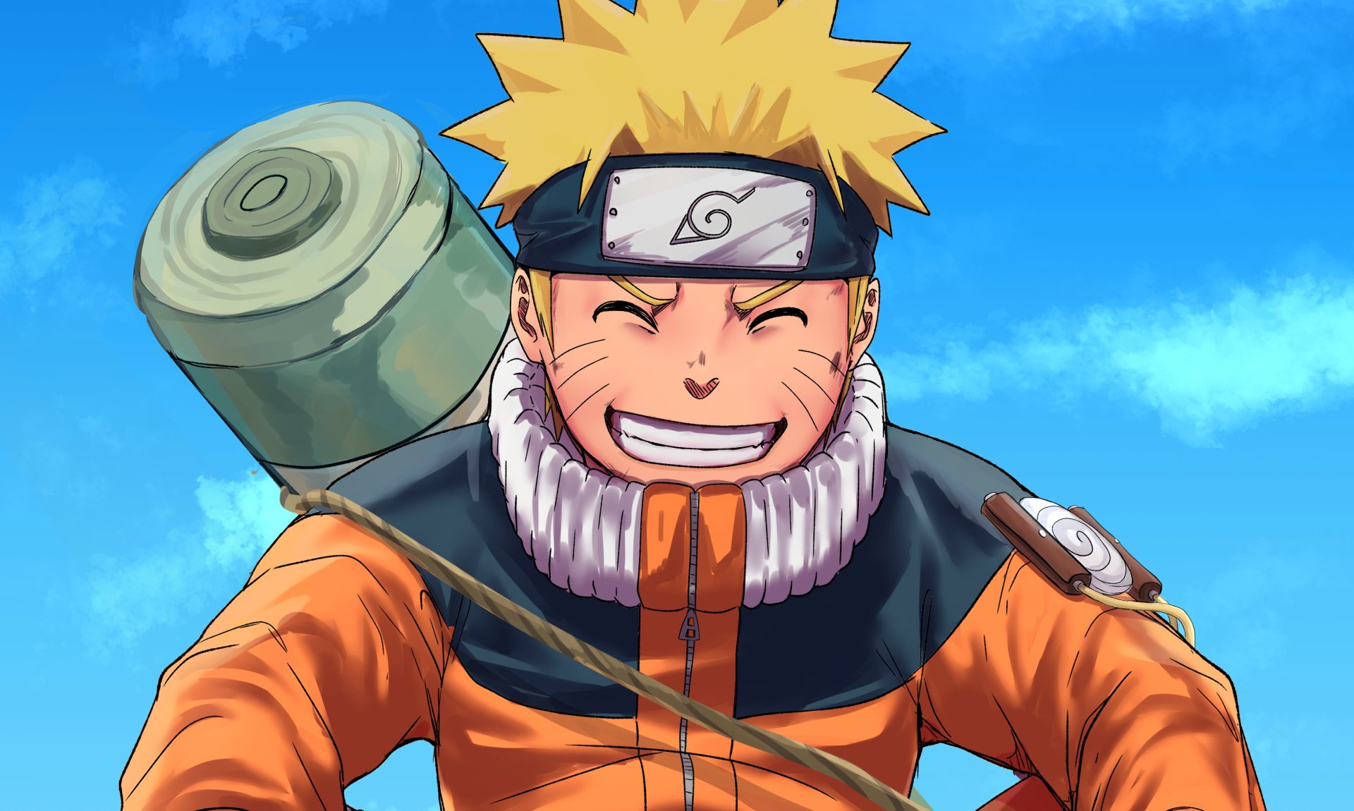 HD PC desktop wallpaper featuring Naruto Uzumaki from the anime Naruto, smiling with a bright blue sky background.