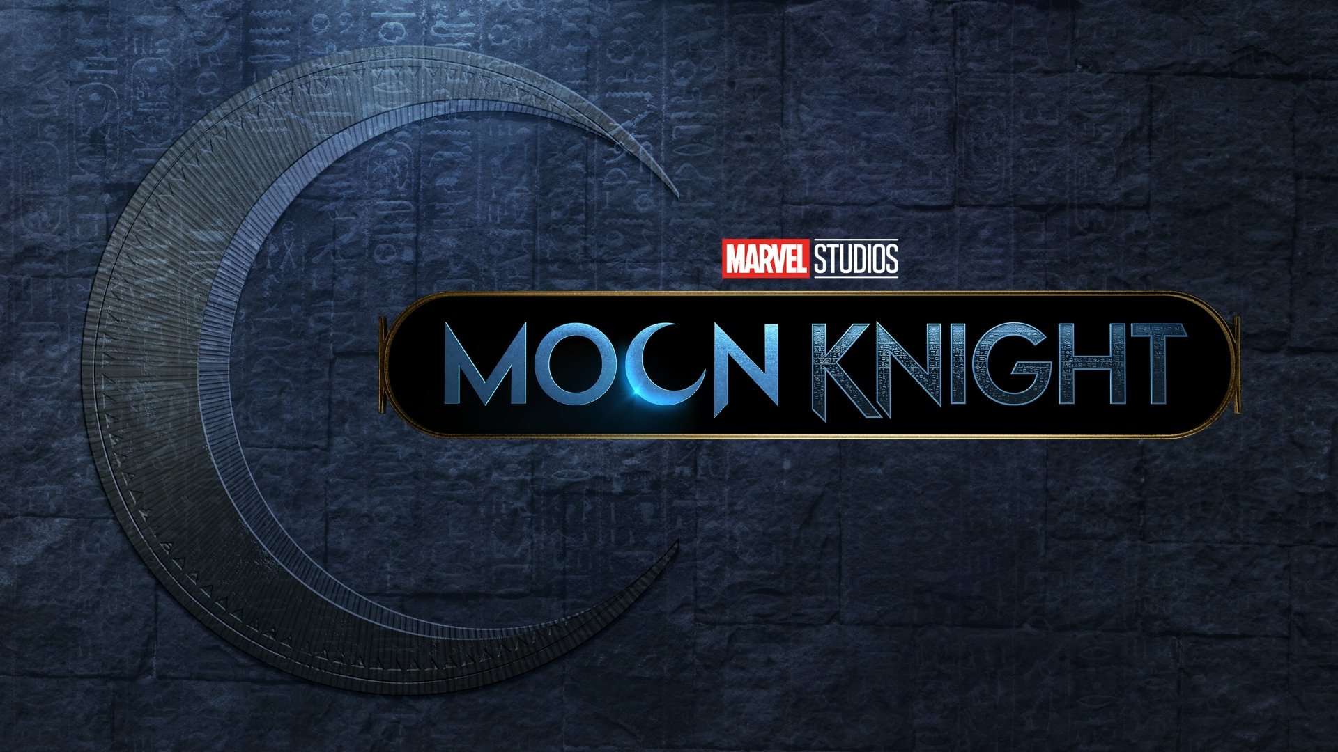 Moon Knight TV show logo on a textured stone wall with a crescent moon emblem — 4K Ultra HD PC desktop wallpaper/background.