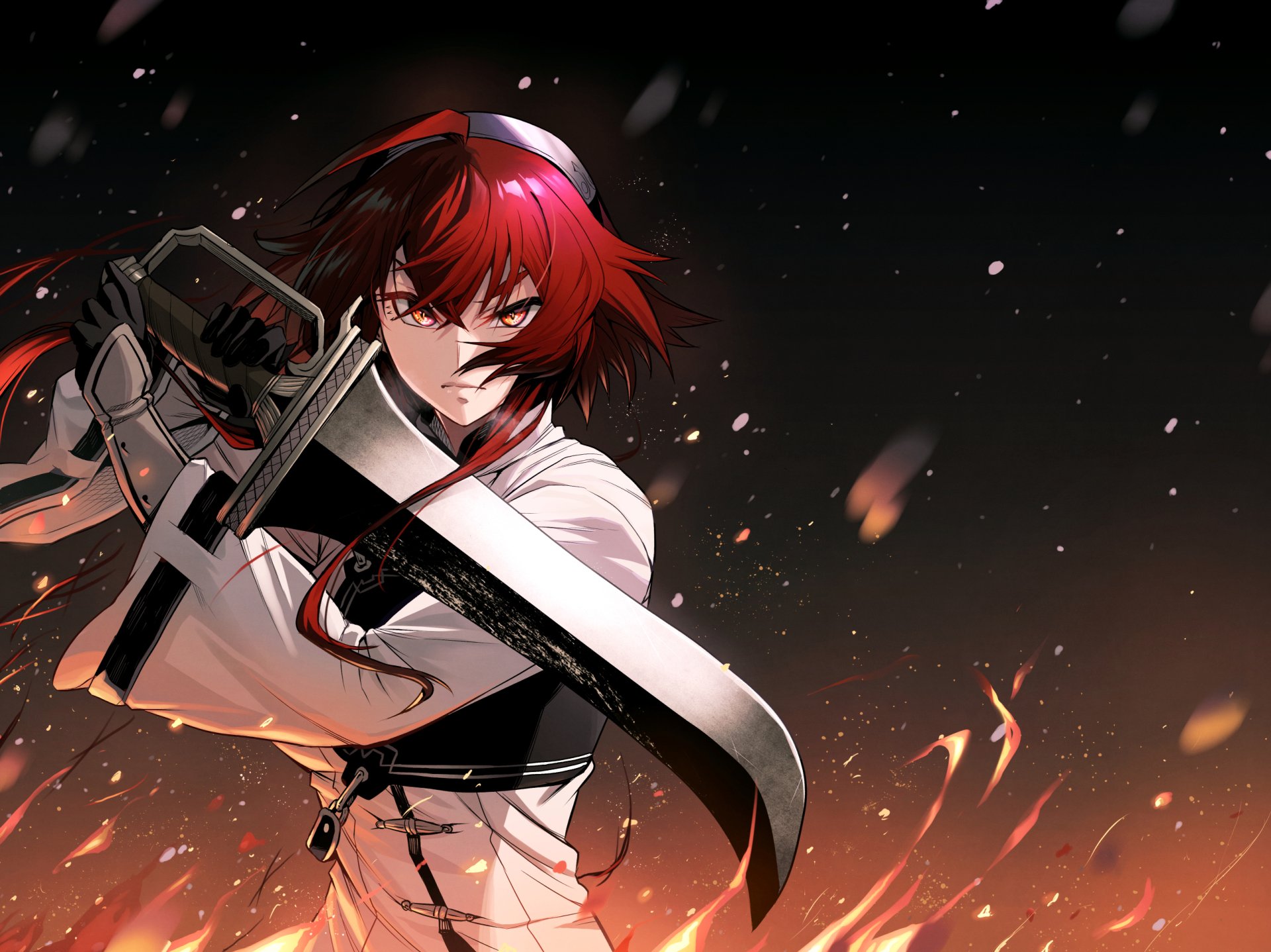 HD desktop wallpaper featuring Eris Boreas Greyrat from the anime Mushoku Tensei: Jobless Reincarnation, wielding a large sword against a fiery dark background.