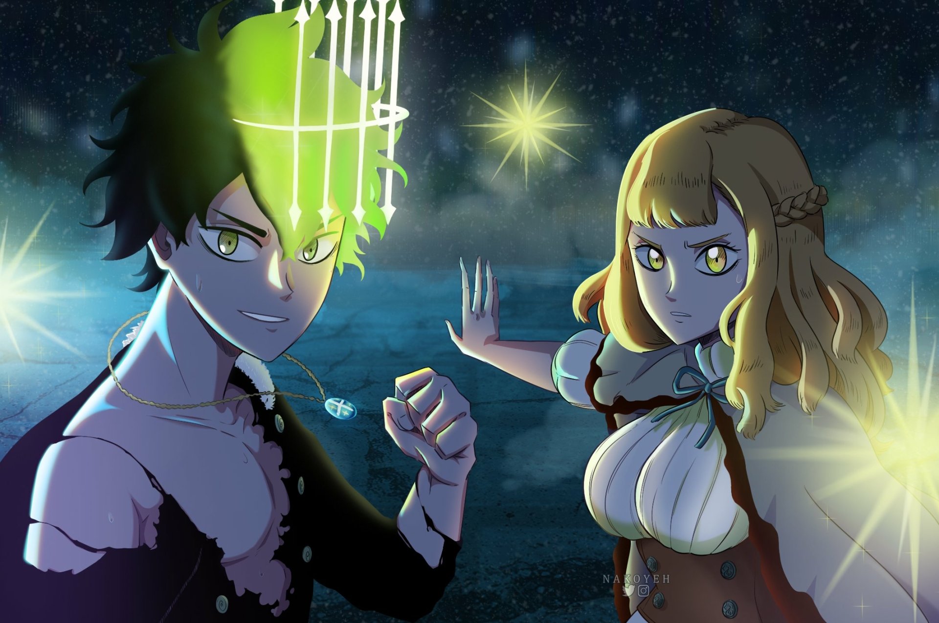 HD anime desktop wallpaper of Yuno and Mimosa Vermillion from Black Clover: Yuno crackling green mana, Mimosa casting light magic under a starry night, both in ready stances.