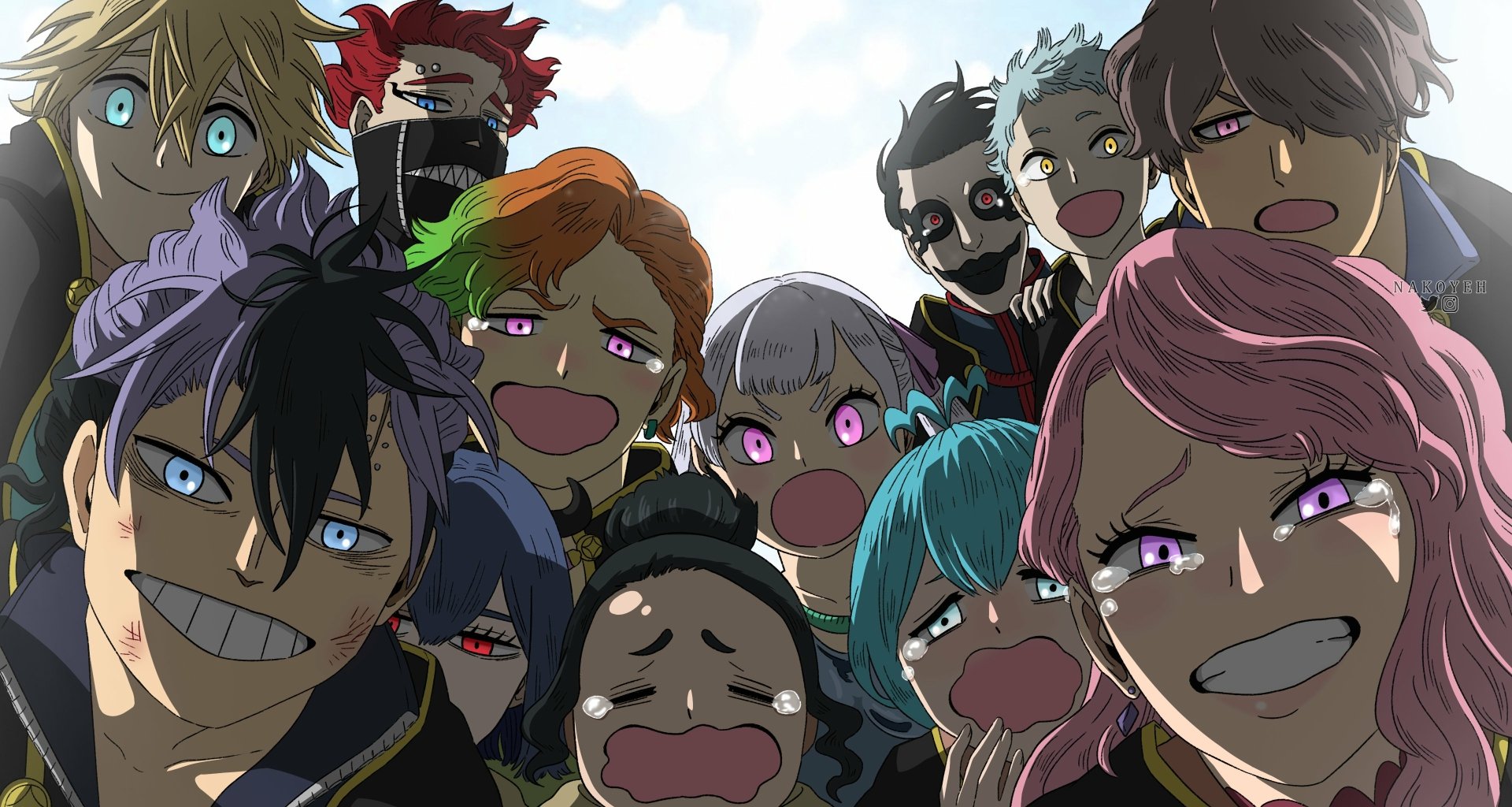 A vibrant HD desktop wallpaper featuring characters from the anime Black Clover, showcasing their playful expressions and distinct styles against a bright sky background.