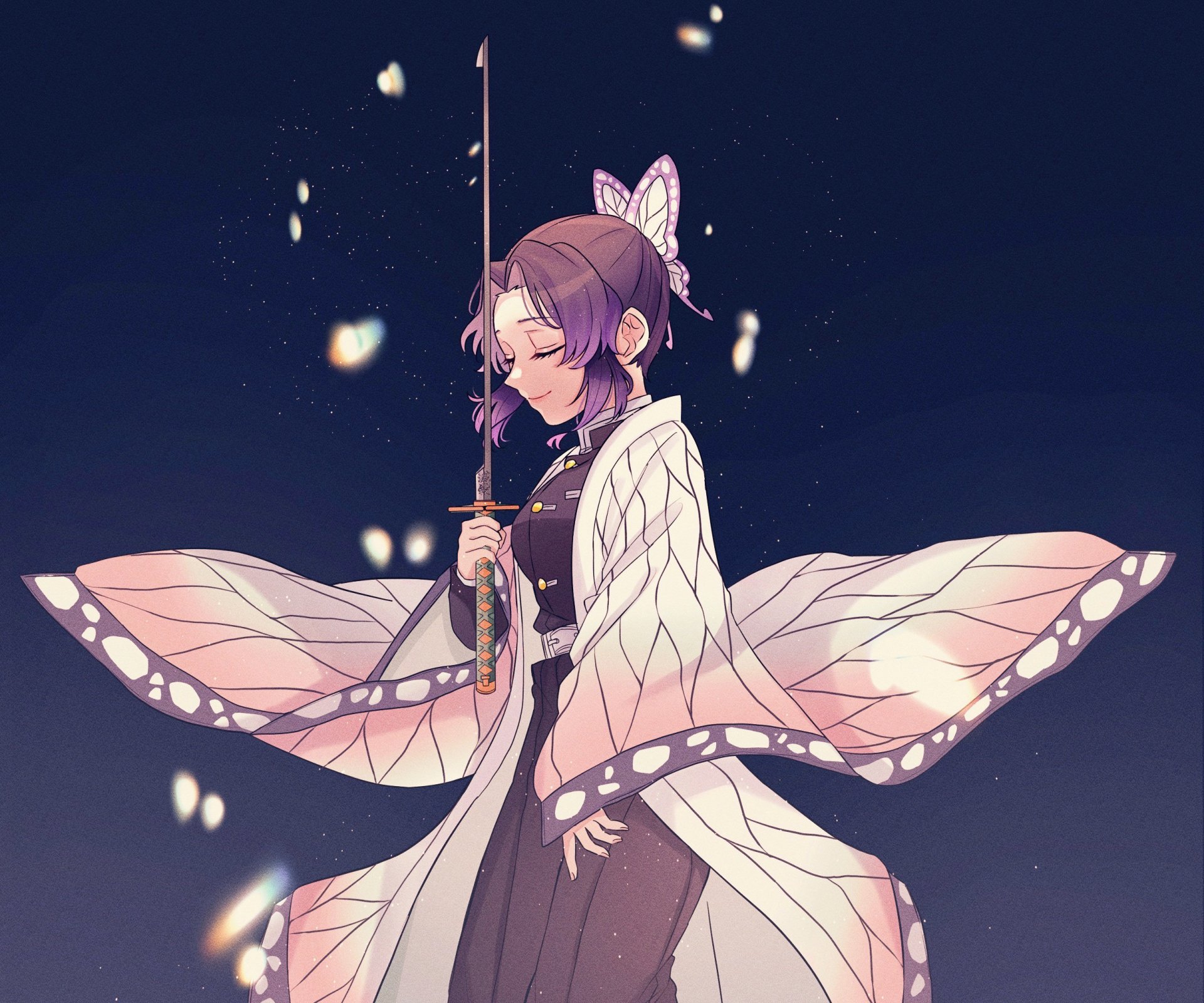 HD anime desktop wallpaper featuring Shinobu Kochou from Demon Slayer: Kimetsu no Yaiba with her signature butterfly-themed attire and serene expression.