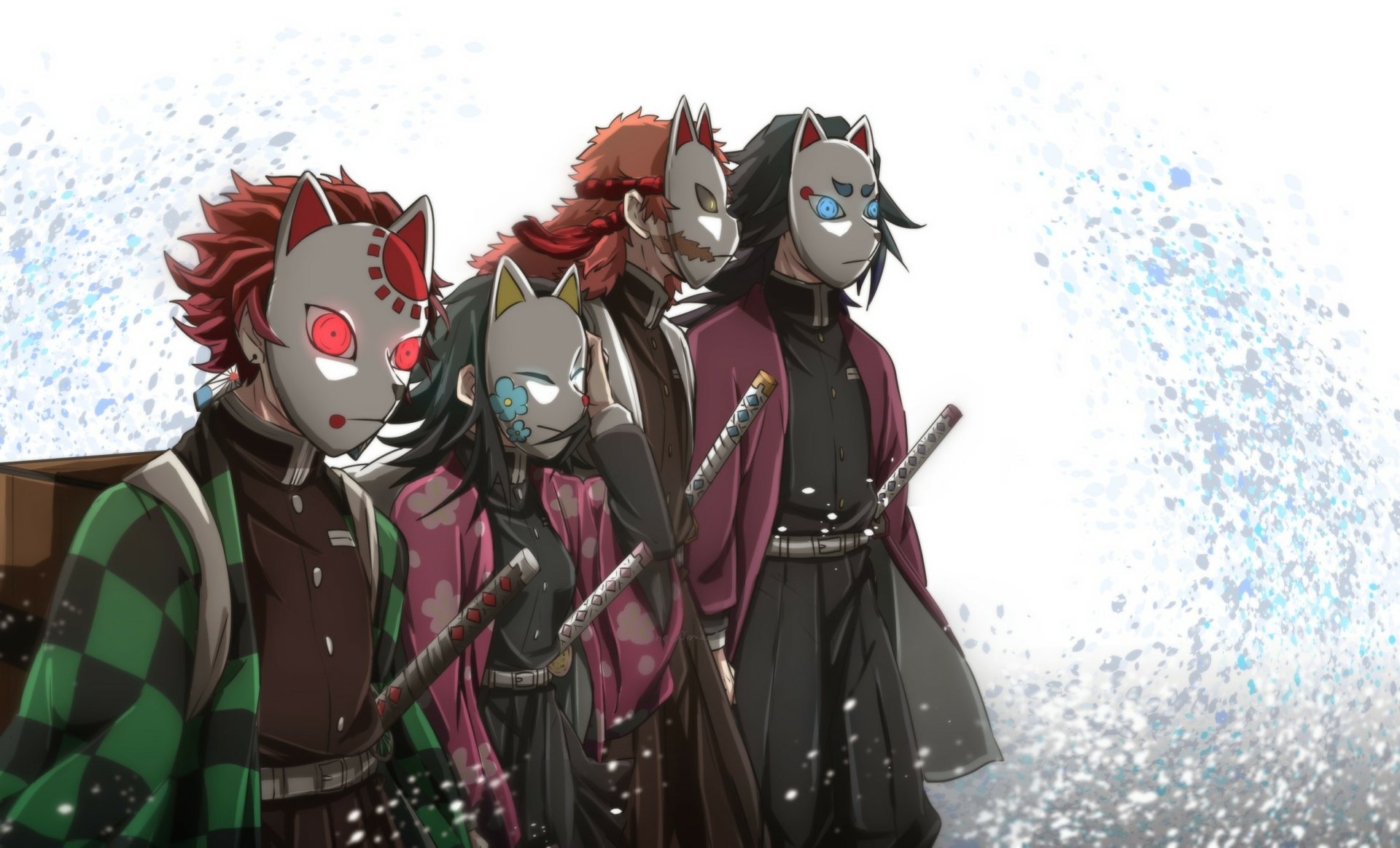 HD anime desktop wallpaper featuring Sabito, Giyuu Tomioka, and Tanjiro Kamado from Demon Slayer: Kimetsu no Yaiba, all wearing distinctive fox masks.