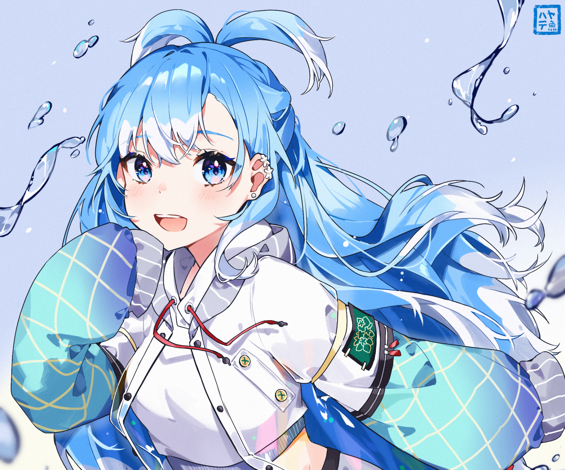 HD PC desktop wallpaper featuring hololive Virtual YouTuber Kobo Kanaeru — anime-style blue-haired girl with flowing hair and water droplets on a pastel background.