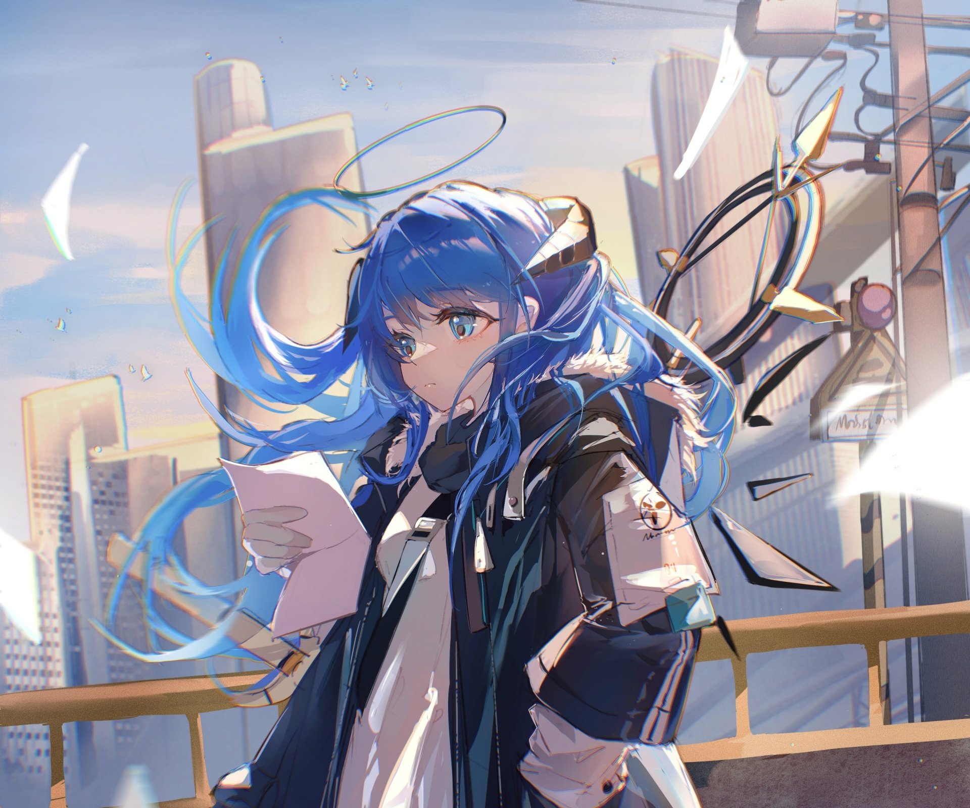 2K Quad HD PC desktop wallpaper of Mostima (Arknights) from the video game Arknights: blue‑haired character in a coat holding a sheet, city skyline and floating ribbons behind her.
